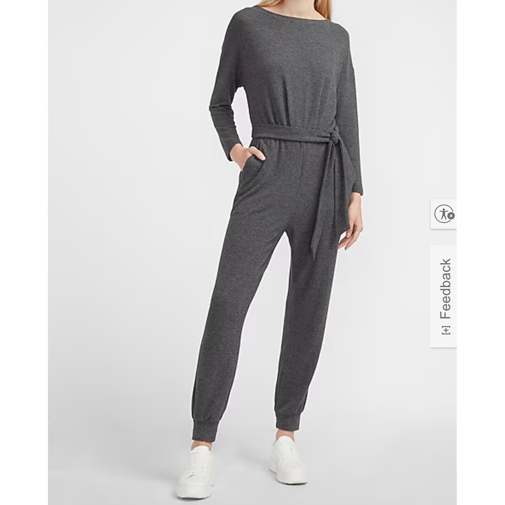 Express Womens Gray Long Sleeve Lounge Soft Boat‎ Neck Tie Waist Jumpsuit Sz S